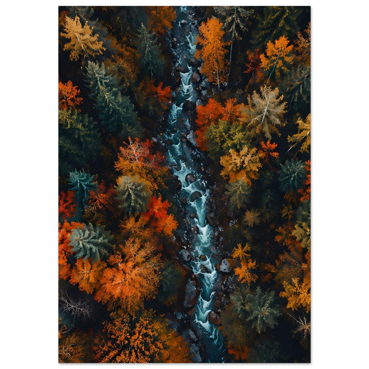 Herbstliches Flusswald-Poster mit felsigem Bachlauf und bunten Baumkronen in warmen Farben