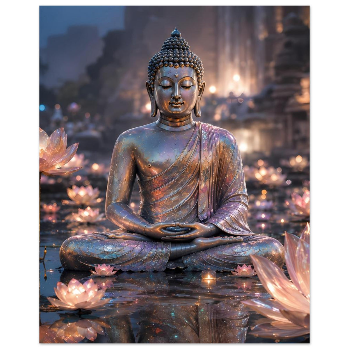 Vertikales Meditationsposter mit Buddha im Lotussitz und leuchtenden Lotusblüten