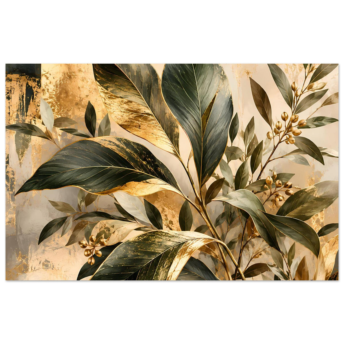 Breites botanisches Poster mit goldakzentuierten Blattstrukturen und zarten Zweigen im Druck.