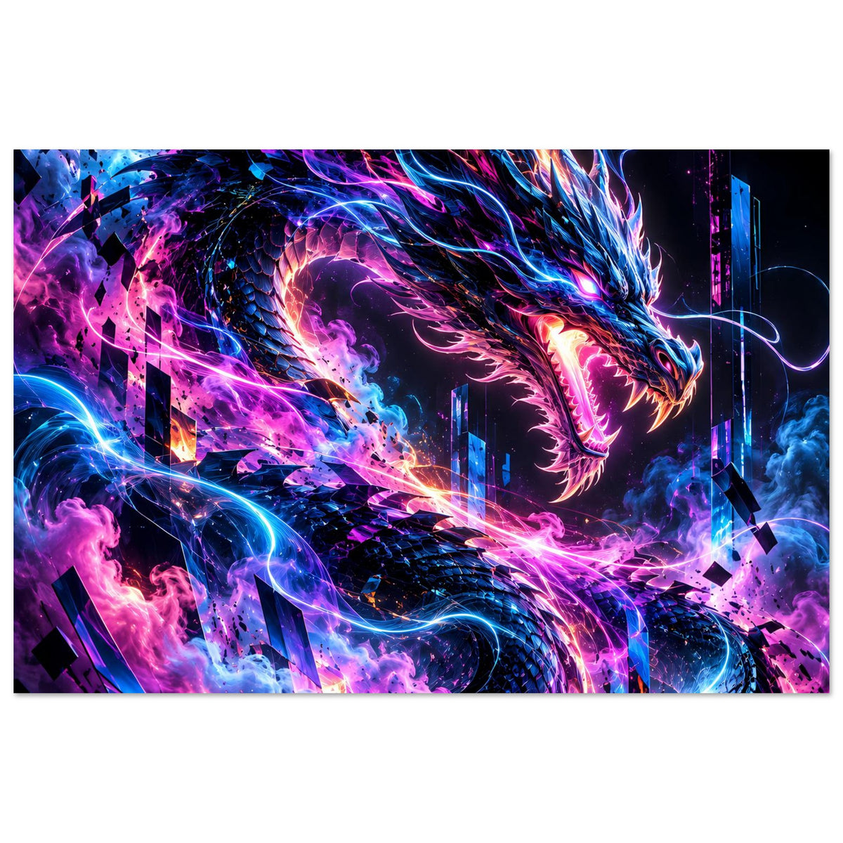 Poster im Querformat mit Neon-Cyberdrache, bunten Energie-Fäden und dramatischer Rauchspur