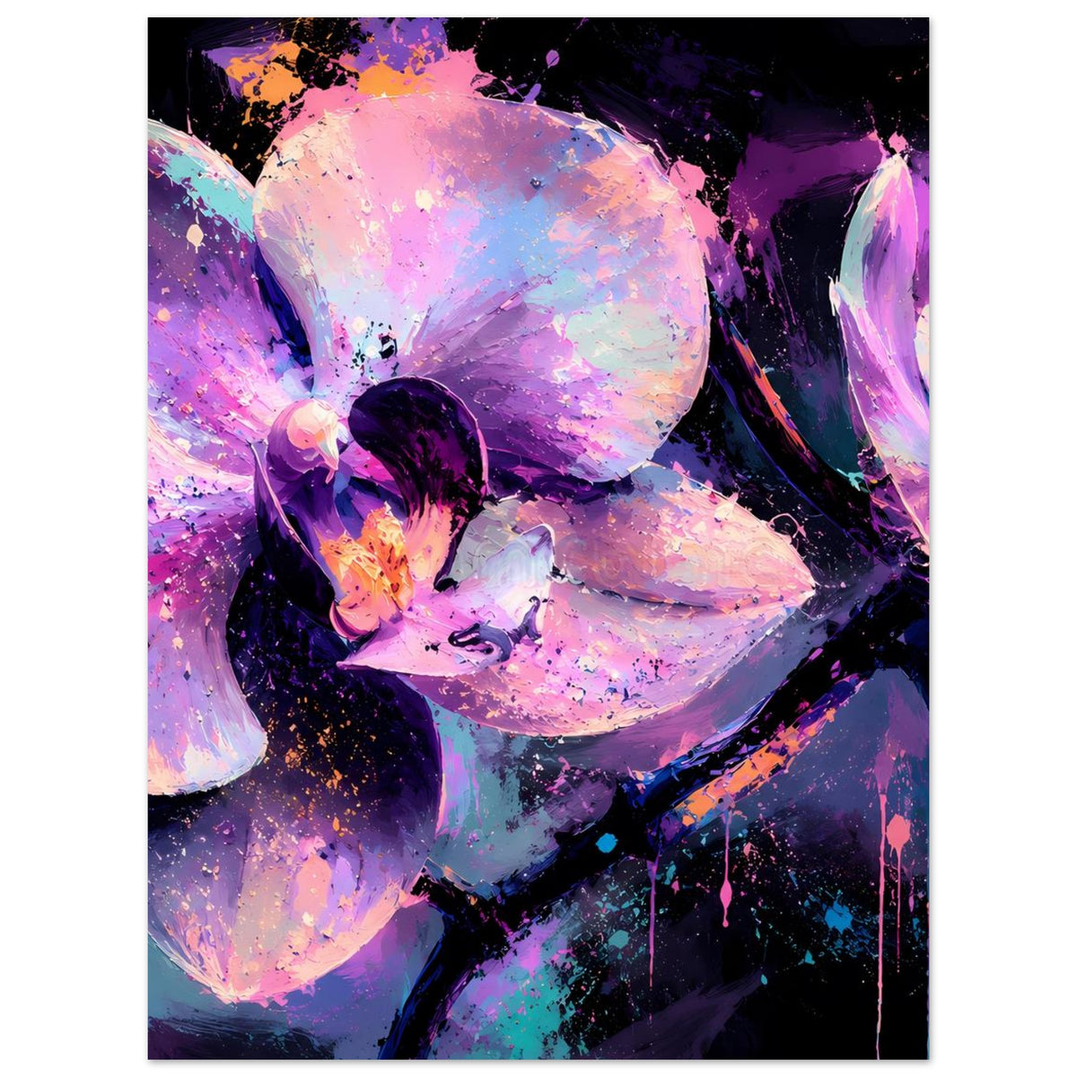 Abstraktes Neon-Orchideenblütenposter, violette Blüten und dunkle Akzente mit Farbstaub