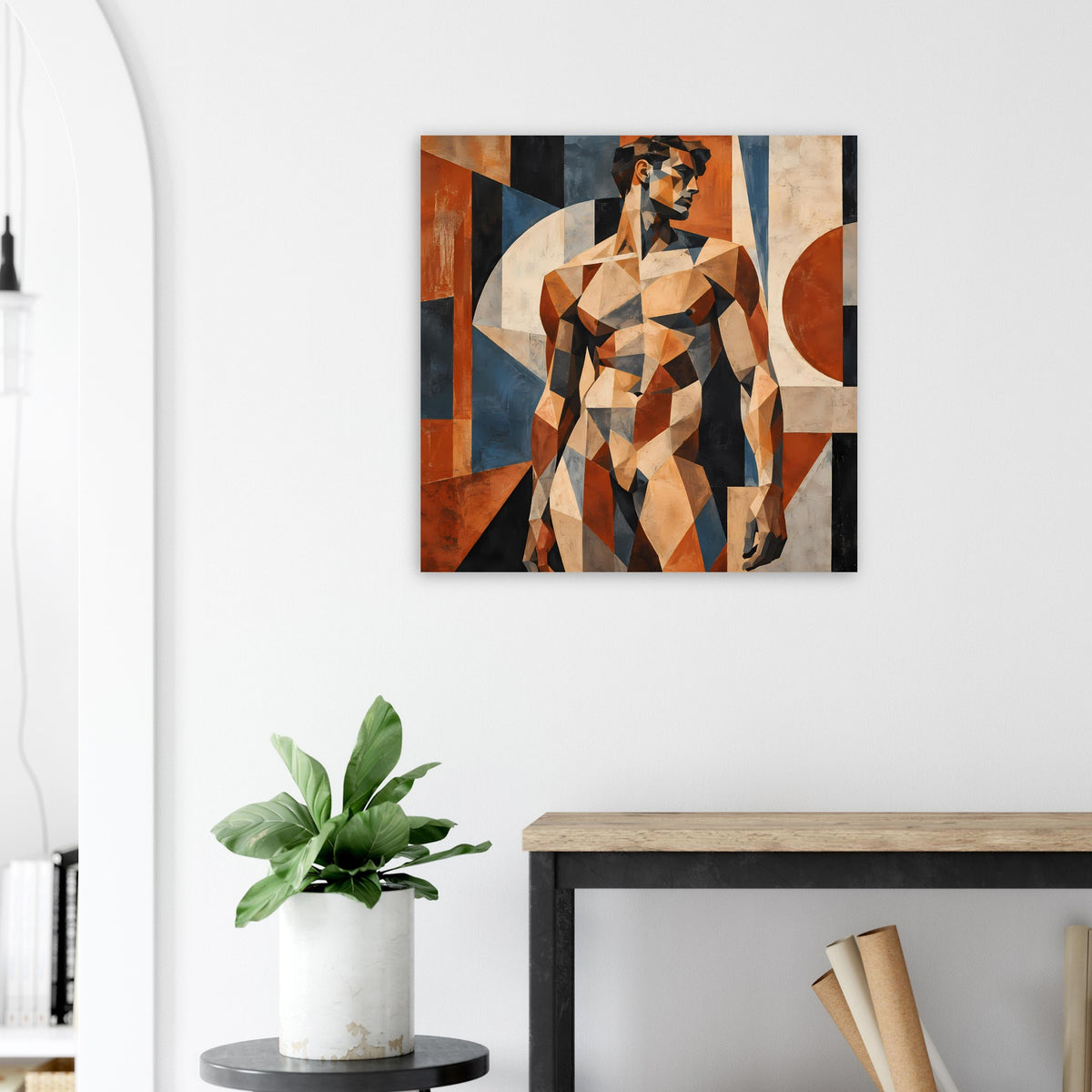 Moderne Wandkunst mit geometrischem Akt-Mann in warmen Farben, schwarzer Rand