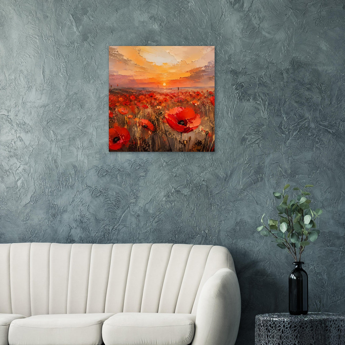 Quadratisches Poster mit Sonnenuntergang über rotem Mohnfeld und roten Blüten