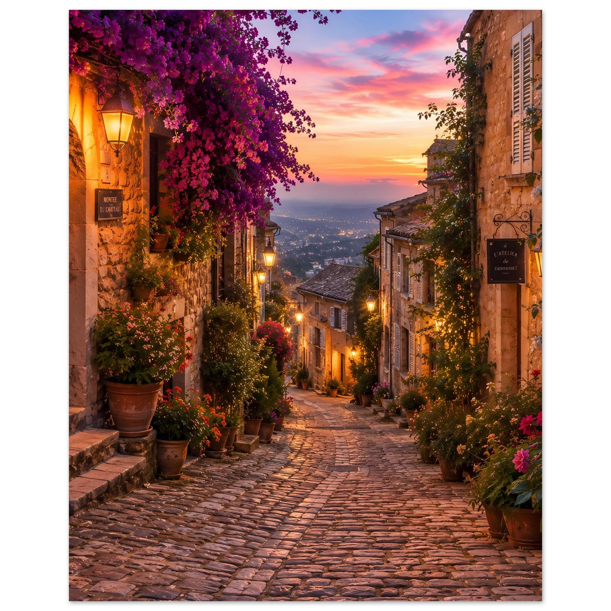 Hochformat-Poster mit Altstadtgasse bei Sonnenuntergang, violetten Blüten und Laternen