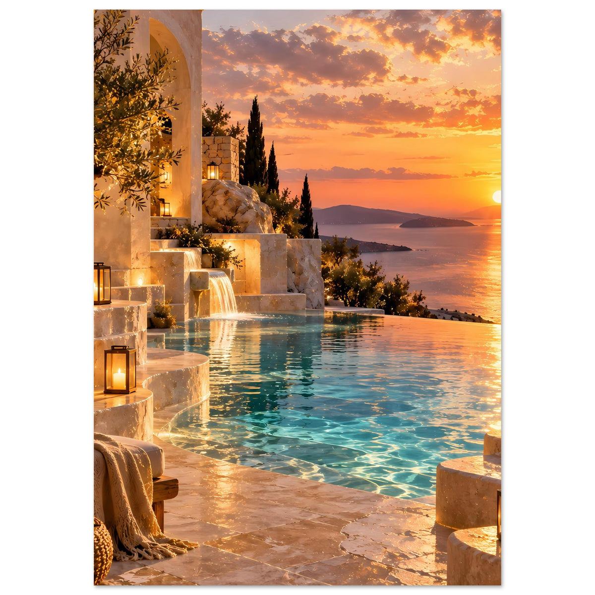 Hochformat-Landschaftsposter mit Pool und Laterne links, goldener Sonnenuntergang