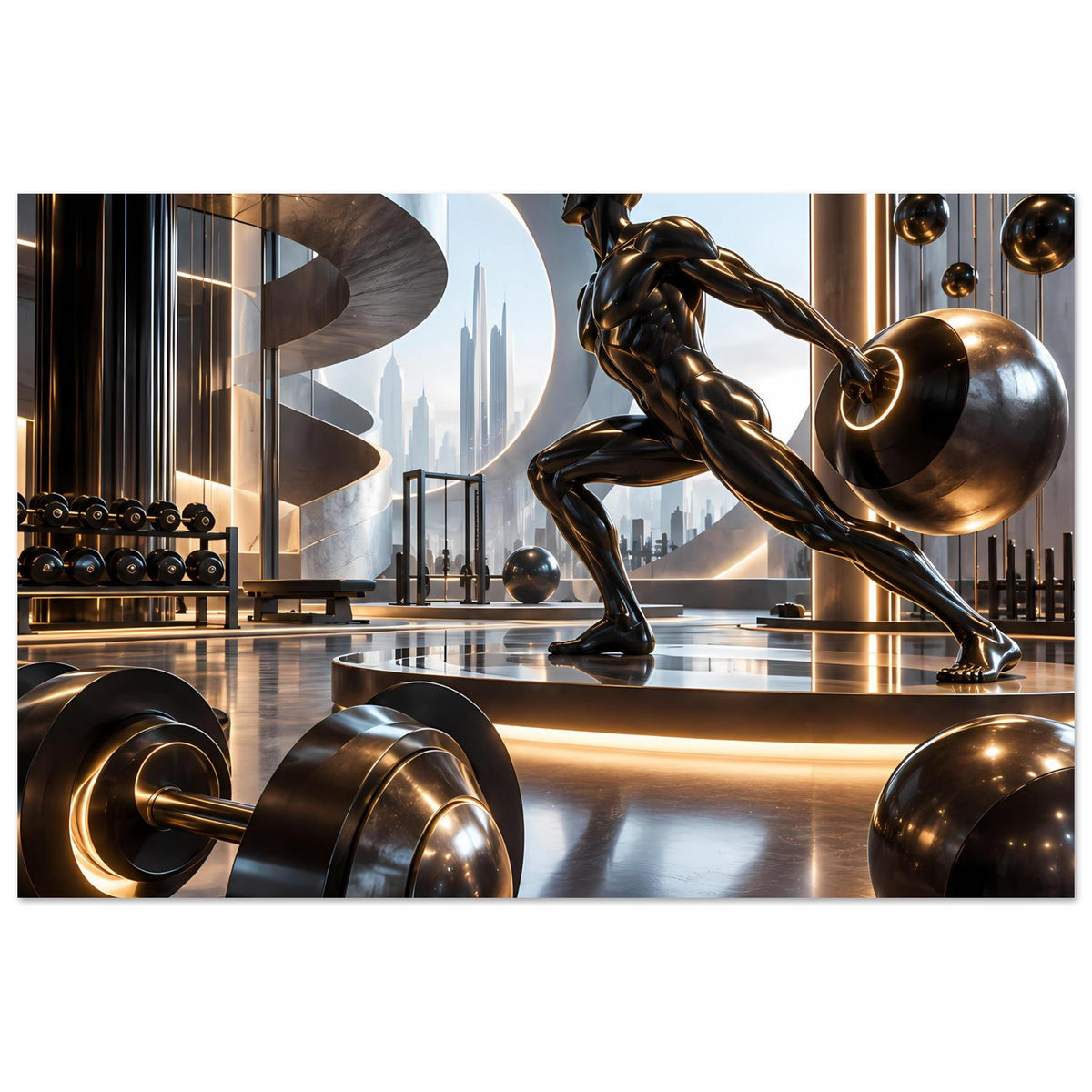 Fitness-Poster mit Bronze-Sportlerin, Hantelstange und beleuchteten Geräten
