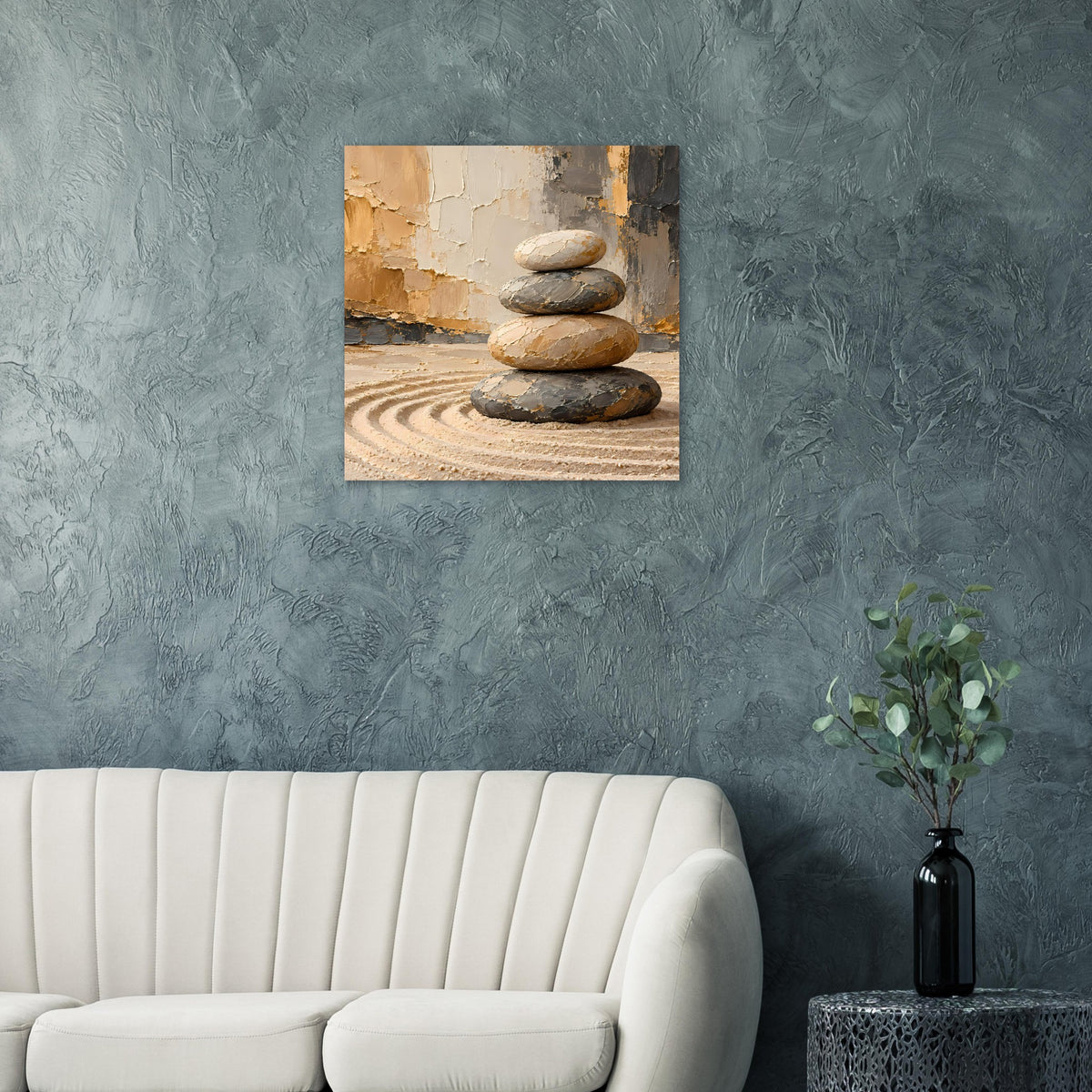 Zen-Balance-Stack Poster: gestapelte Steine im Zen-Motiv, warme Erdtöne