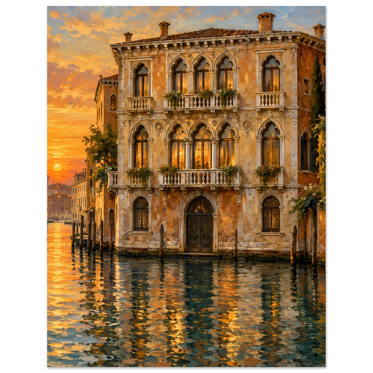 Poster im Hochformat: venezianischer Palazzo mit Arkaden, Abendsonne über dem Kanal