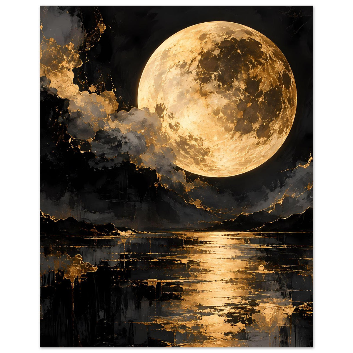 Wandposter: goldener Mond über schwarzer Felslandschaft mit goldenen Akzenten und Reflexen