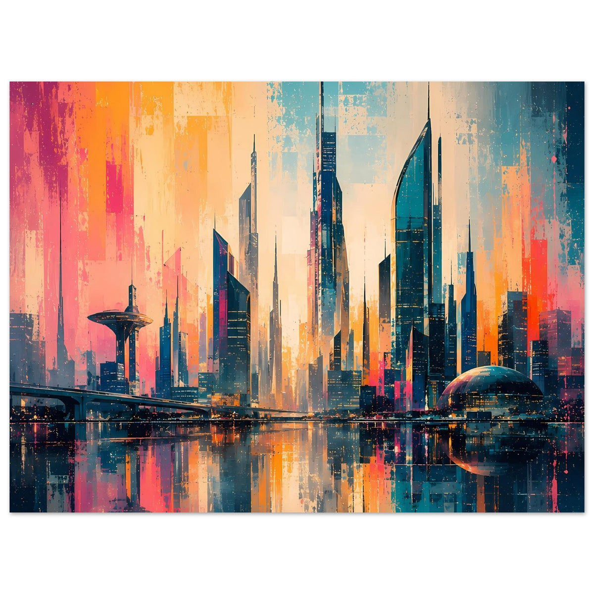 Horizontales Stadtposter: dunkle Skyline mit Neonakzenten, Wasserfläche mit farbigen Spiegelungen