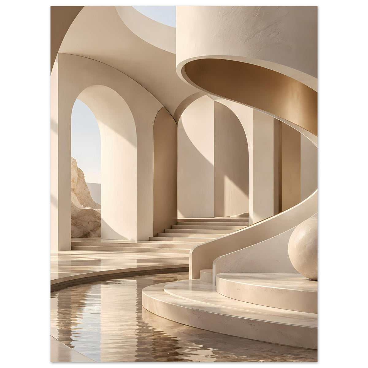 Architekturposter mit Arkadenreihe, geschwungener Kante am Becken und hellem Geländer