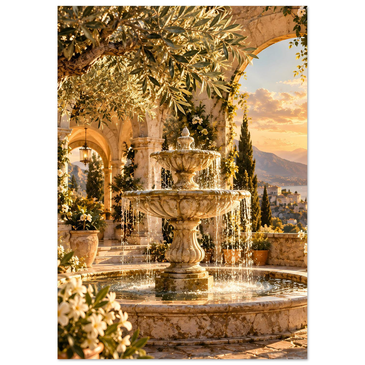 Hochformat-Poster mit mediterranem Springbrunnen, Steinarbeiten, Blättern und Sonnenuntergang