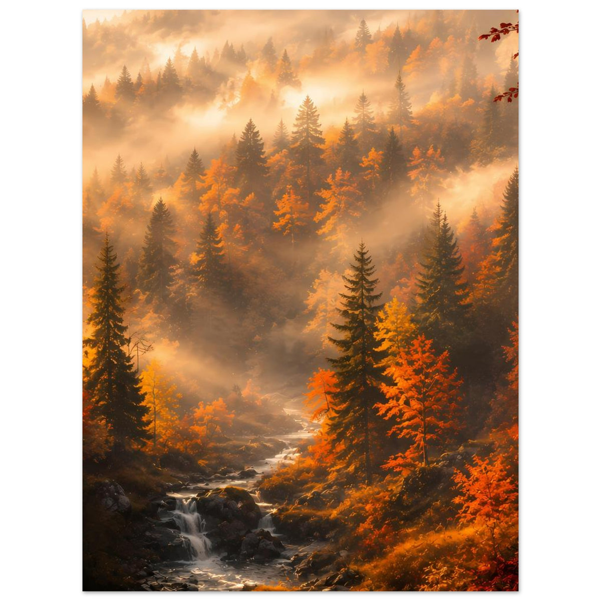 Herbstlandschafts-Poster mit nebeligem Wald, hohen Tannen und warmen Orangefarben an einem Bachlauf