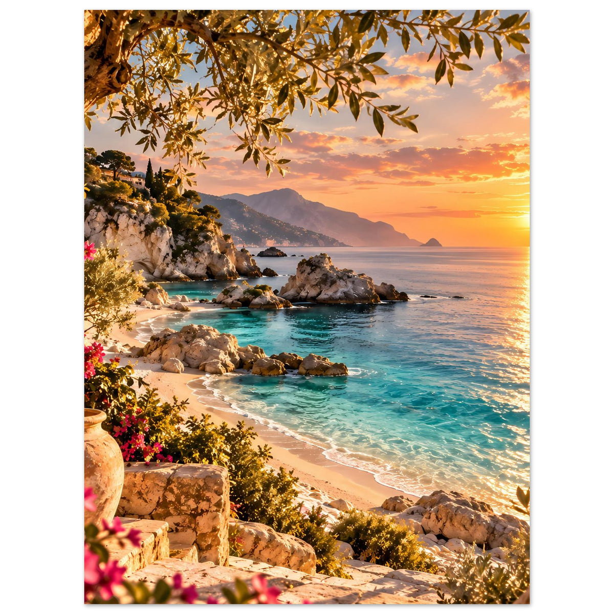 Hochformat-Strandposter mit tropischem Blätterdach, türkisfarbenem Meer und Felsen bei Sonnenuntergang