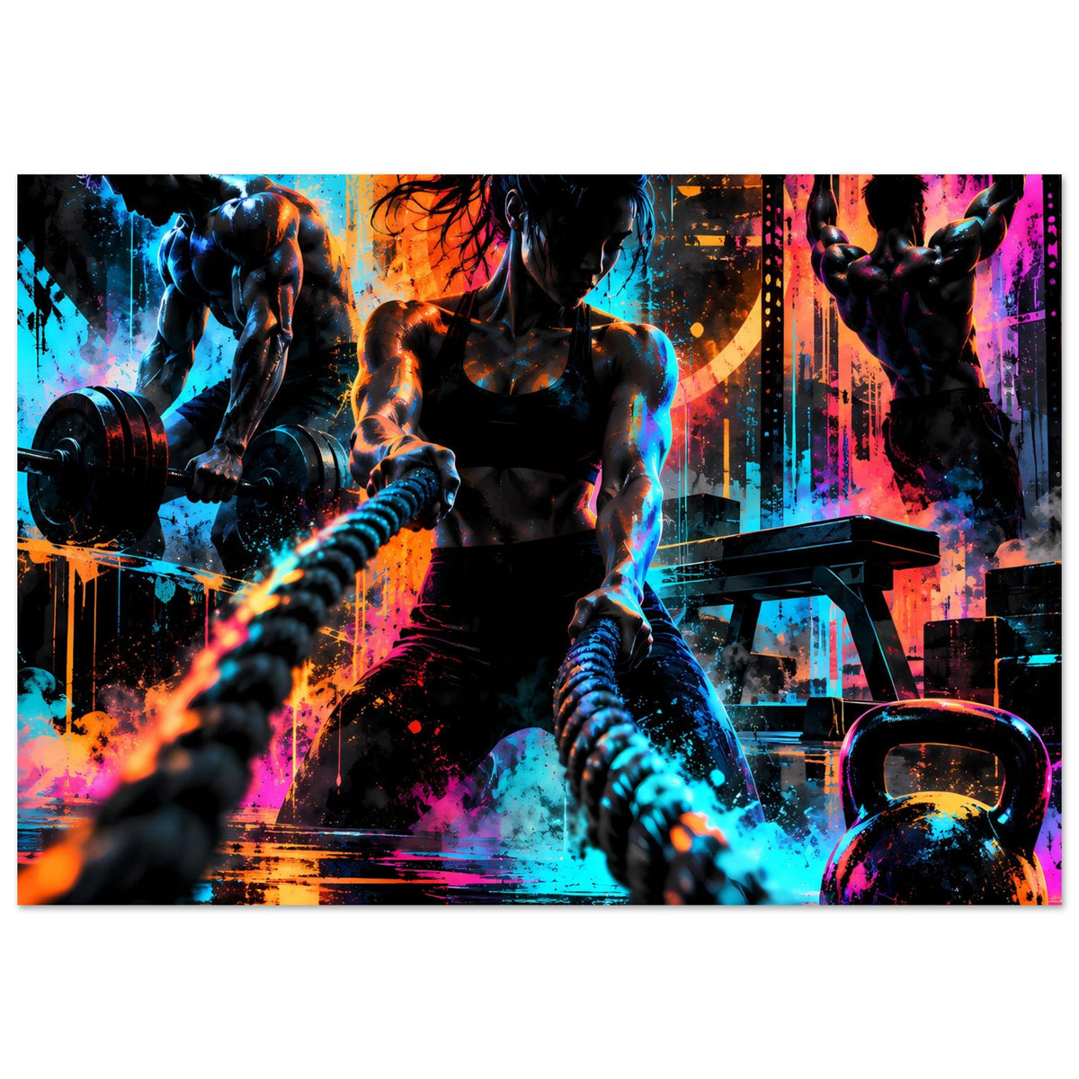 Neon-Fitnessposter: Athleten beim Training, Hanteln und Kettlebell im Neon-Look mit Farbspritzern.