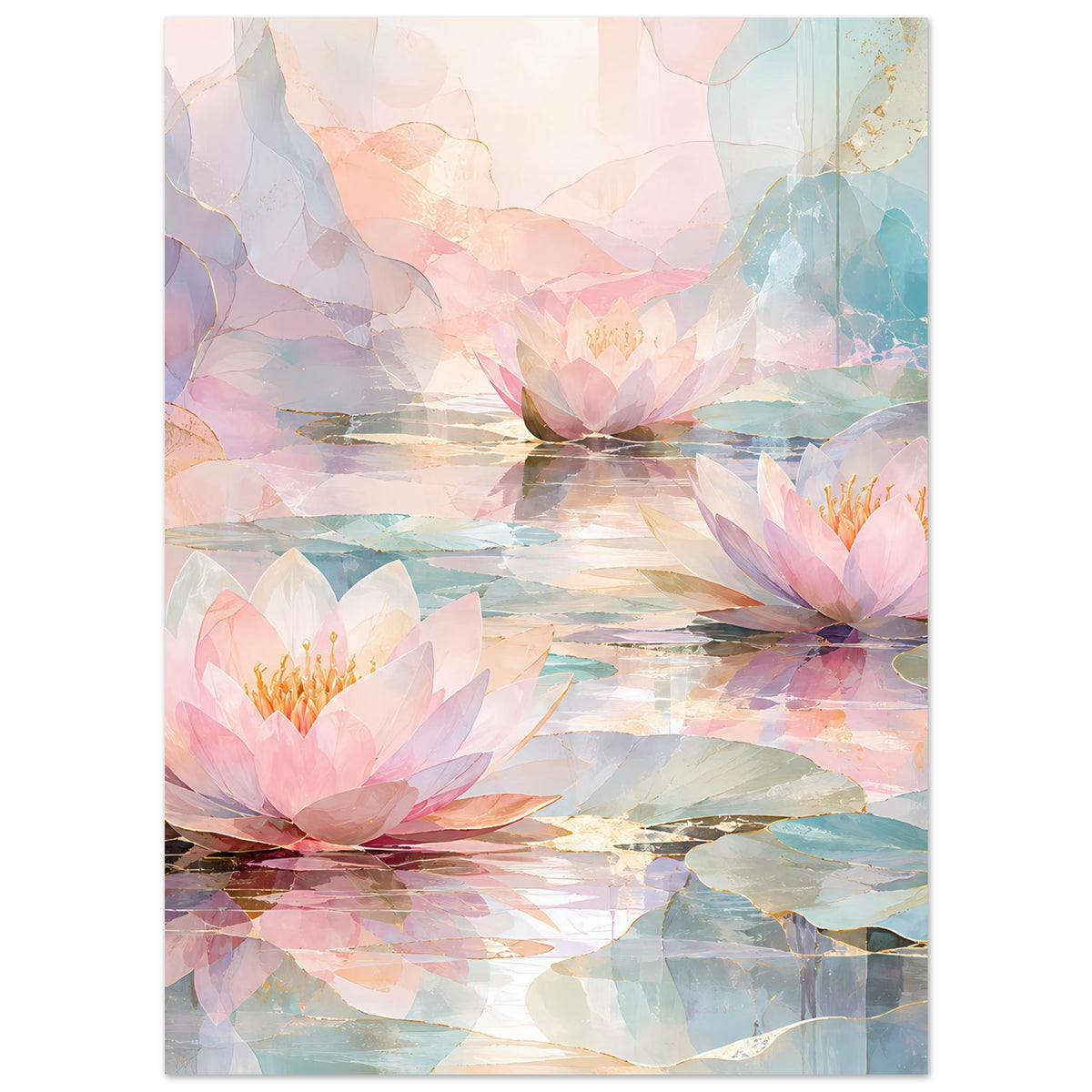 Florales Poster mit Seerosen und Wasserflächen im Pastellmix, klarer weißer Bildrand.