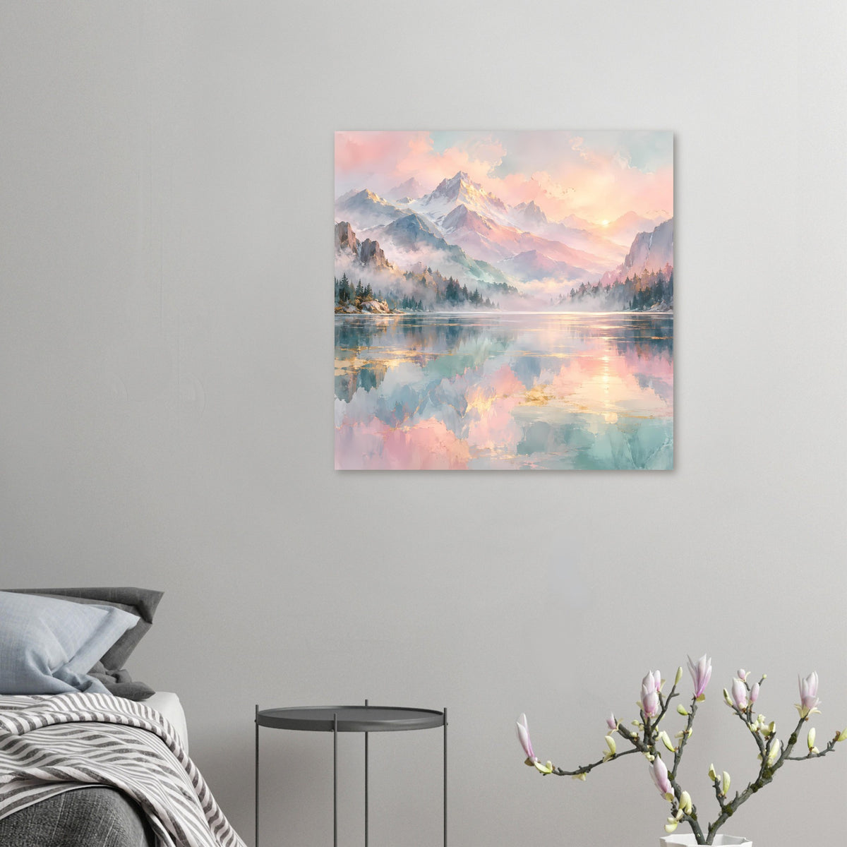 Poster (quadratisch) mit Bergmotiv, nebligem Wald und reflektierendem See in Pastellfarben