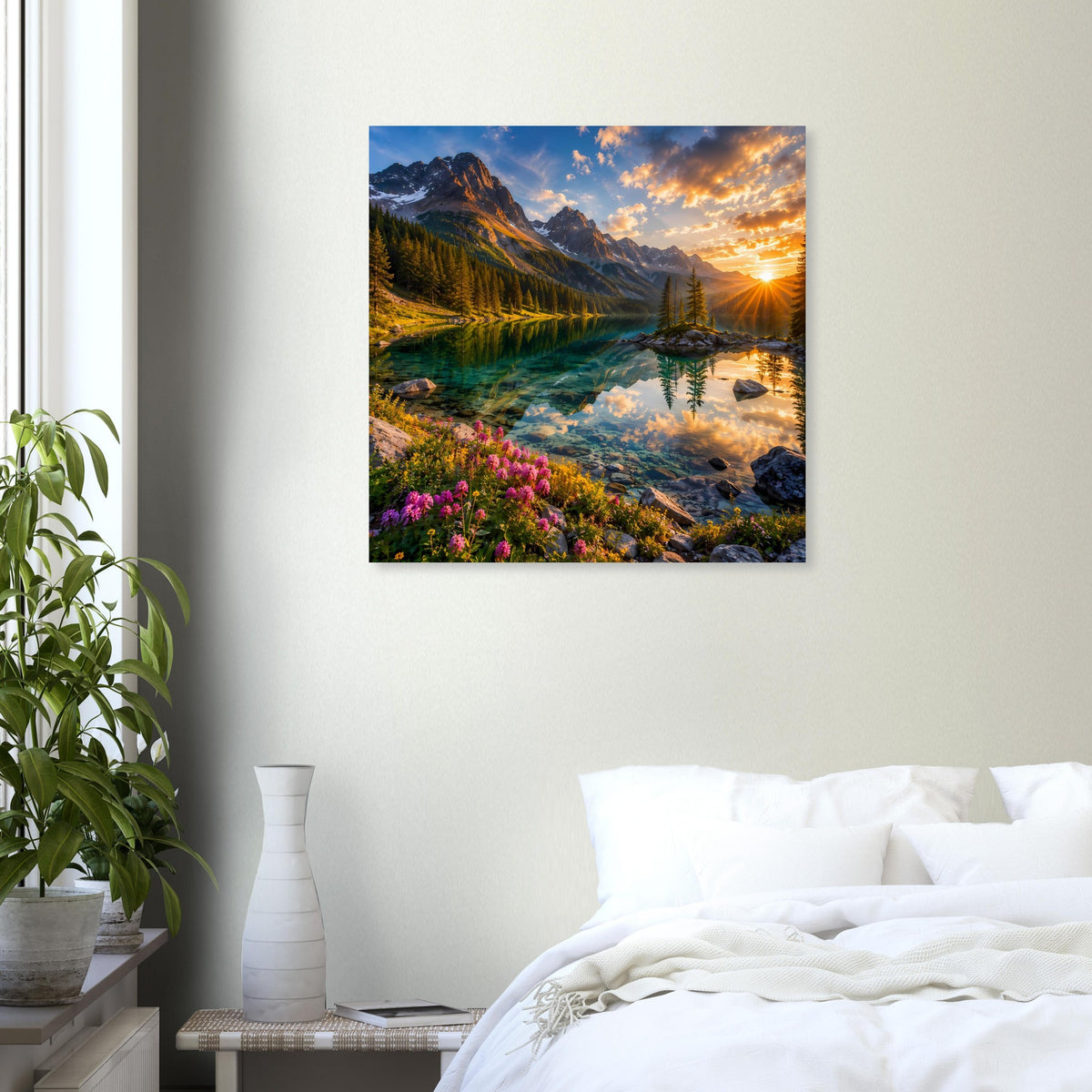 Quadratisches Poster mit Bergsee-Landschaft, Sonnenstrahlen über den Bergen