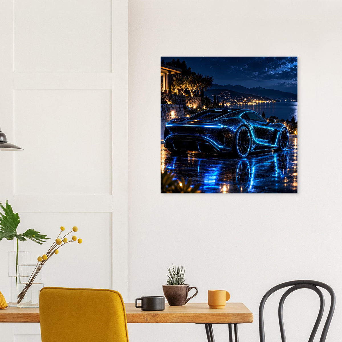 Poster mit blau leuchtendem Sportwagen im Nachtlicht, Lichter, Straße und Wasserreflexionen