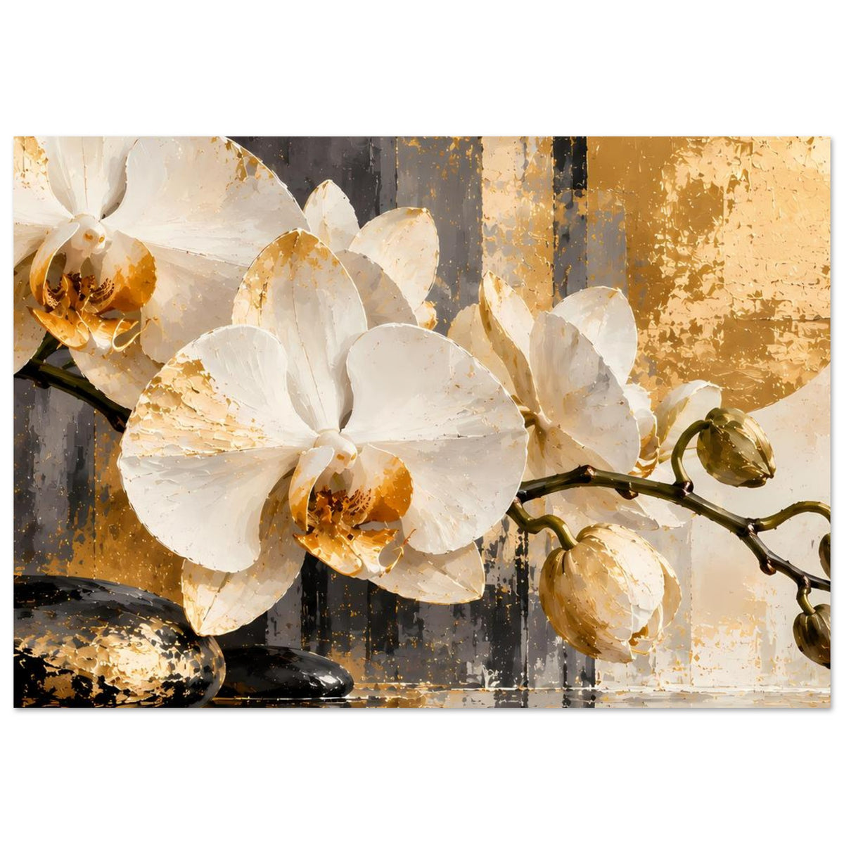 Orchideen-Poster mit weißer Orchidee und gold-schimmernden Farbtupfern, Nahansicht