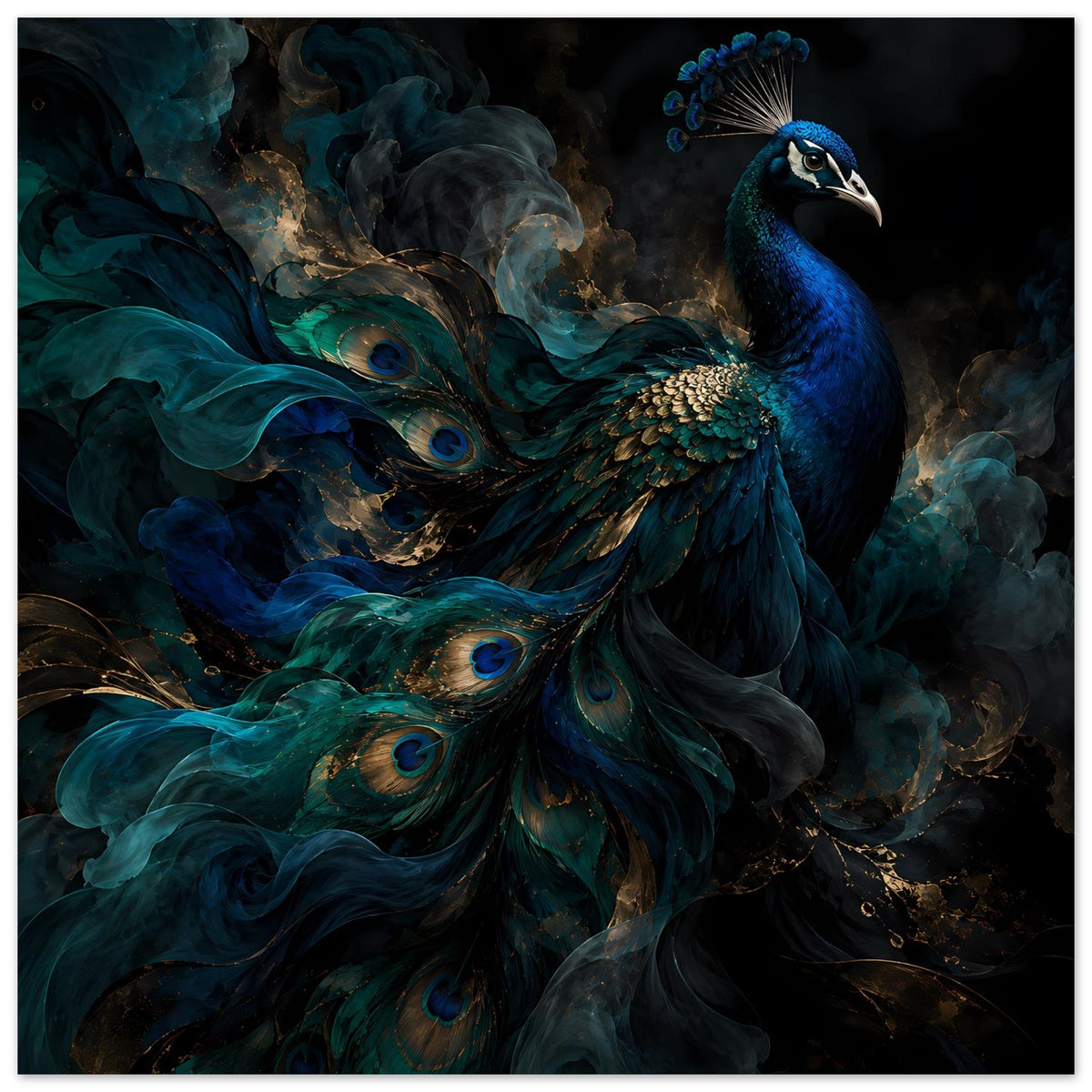 Artposter mit Pfau aufwendig illustriert, blau-türkise Federn und goldene Augen (horizontal)
