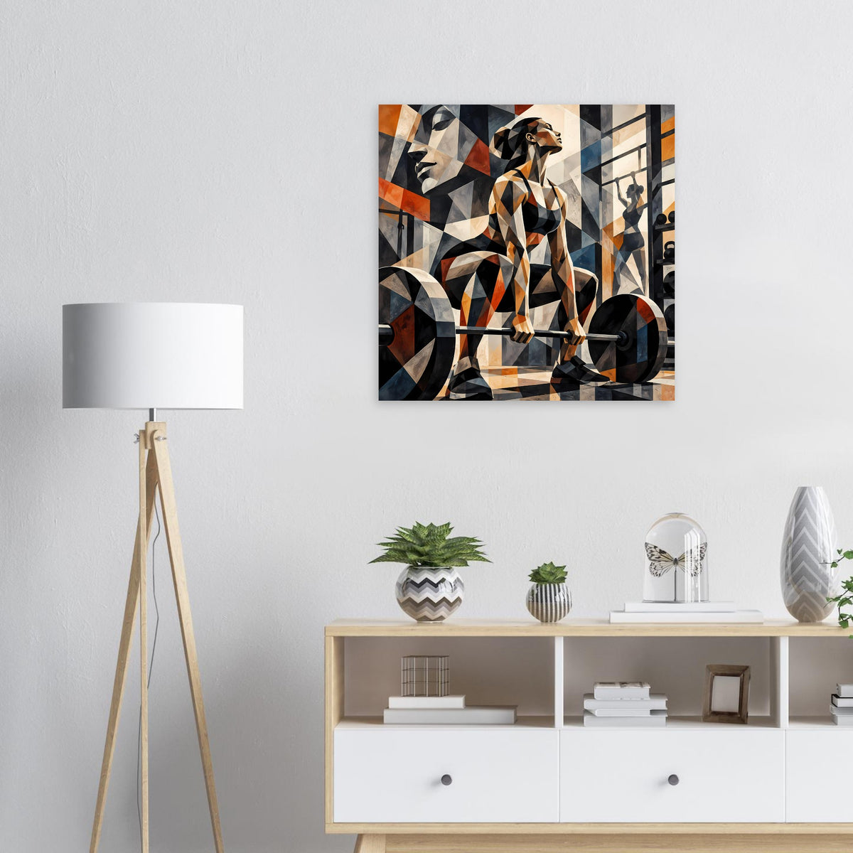 Abstraktes Fitness-Poster mit geometrischem Collage-Motiv in Schwarz, Orange und Blau