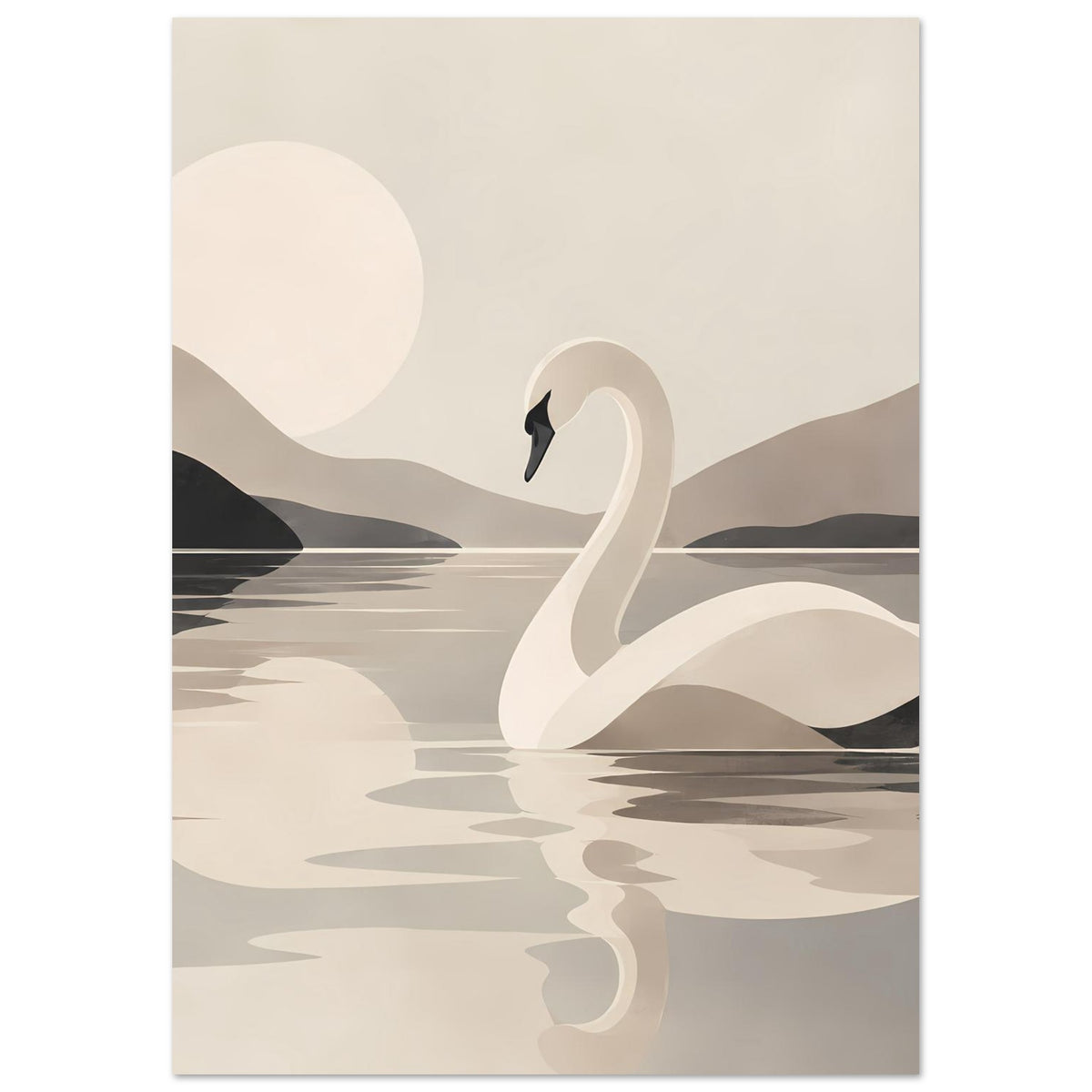Wandposter im Hochformat mit weißem Schwan, abstrakten Hügeln und Wasserreflexionen in Graubeige.