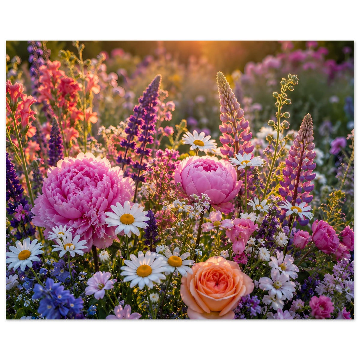Blumenmeer-Poster mit Pfingstrosen, orange Rose, weißen Margeriten und lila Blüten