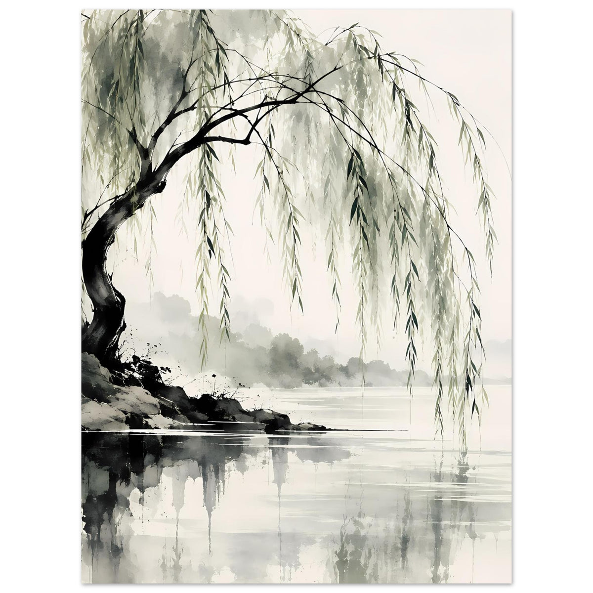 Naturposter mit Weidenbaumkrone über Wasserlinie, hängende Zweige in Grün, Aquarellstil