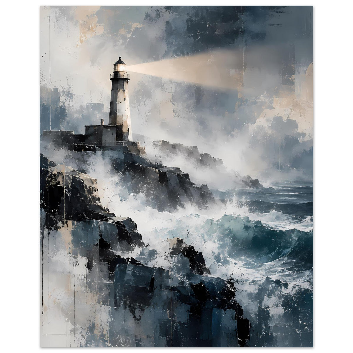 Maritimes Poster: Leuchtturm auf Klippen vor wogenden Wellen, Blautöne