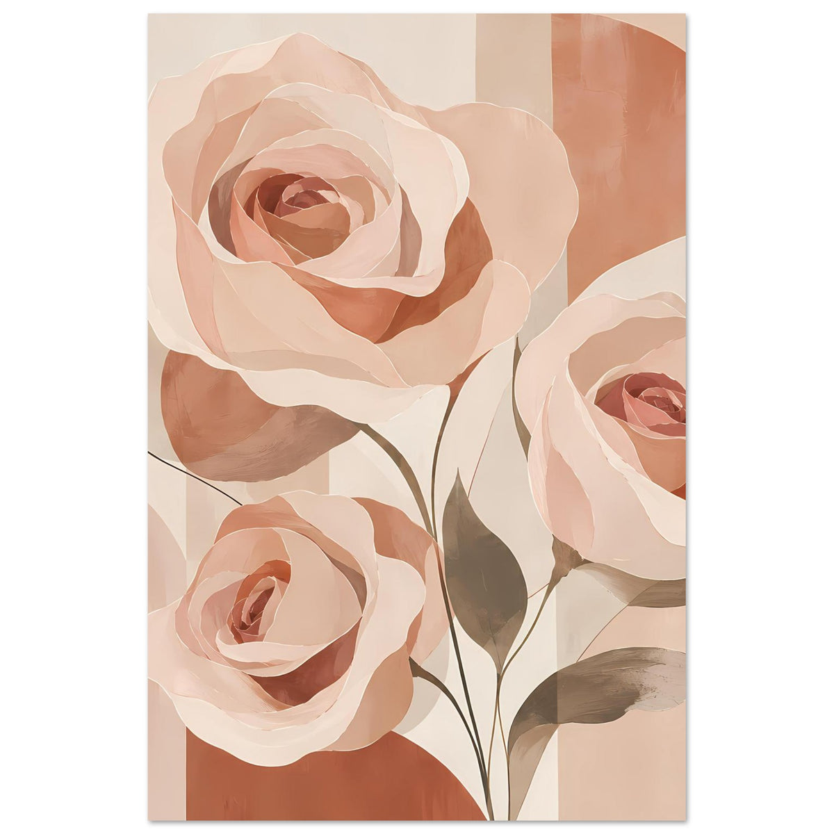 Blumenposter mit großen Rosen in Rosa, Pfirsich und Creme, abstrahierter Blütenstrauß