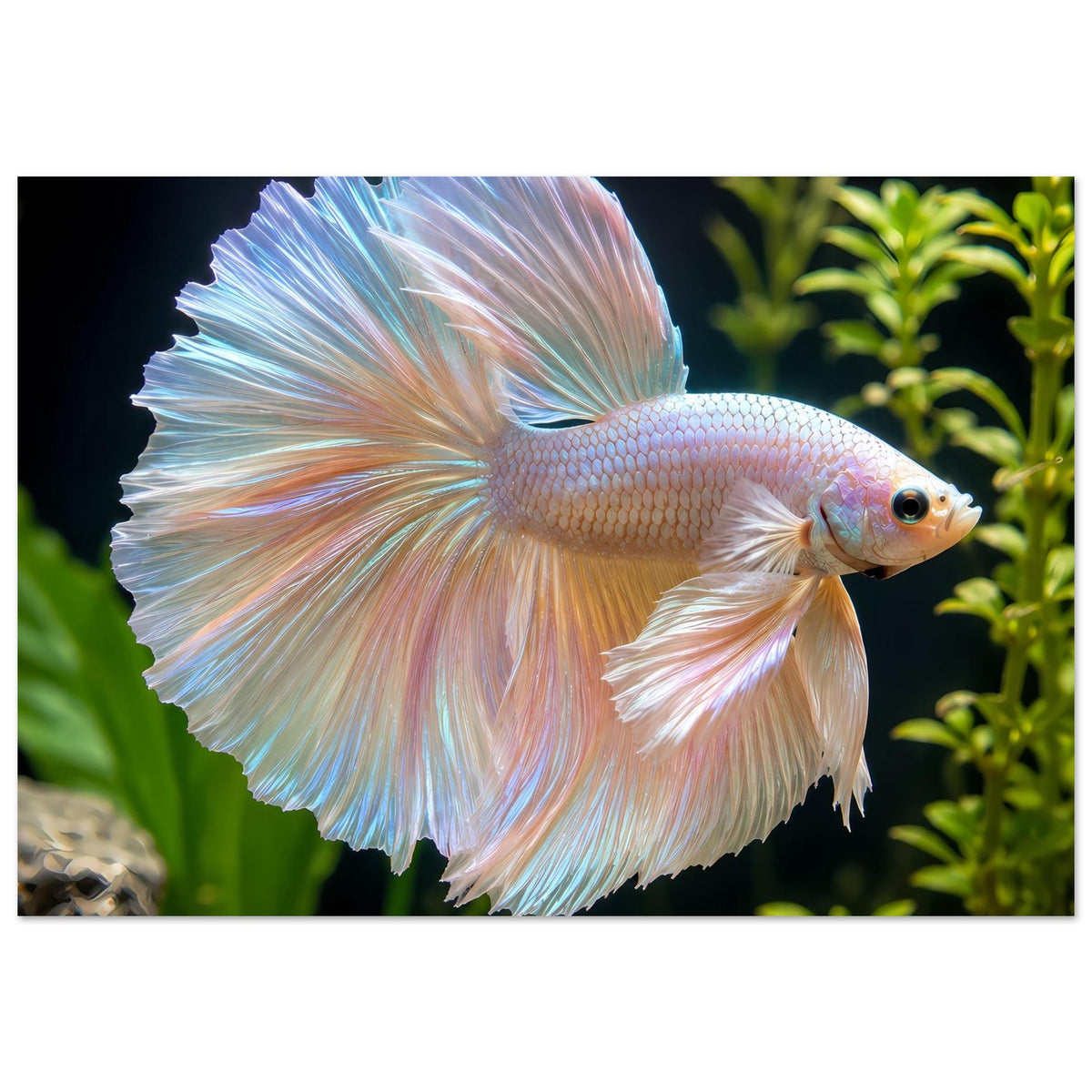 Poster mit schimmerndem Betta-Fisch, ausgebreitete Flossen, seitliche Ansicht