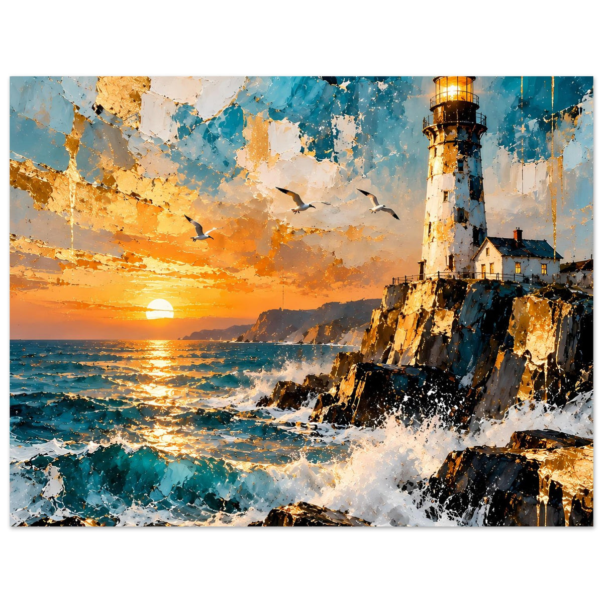 Leuchtturm-Poster im Querformat mit Leuchtturm, Sonnenuntergang und Brandung an Felsen