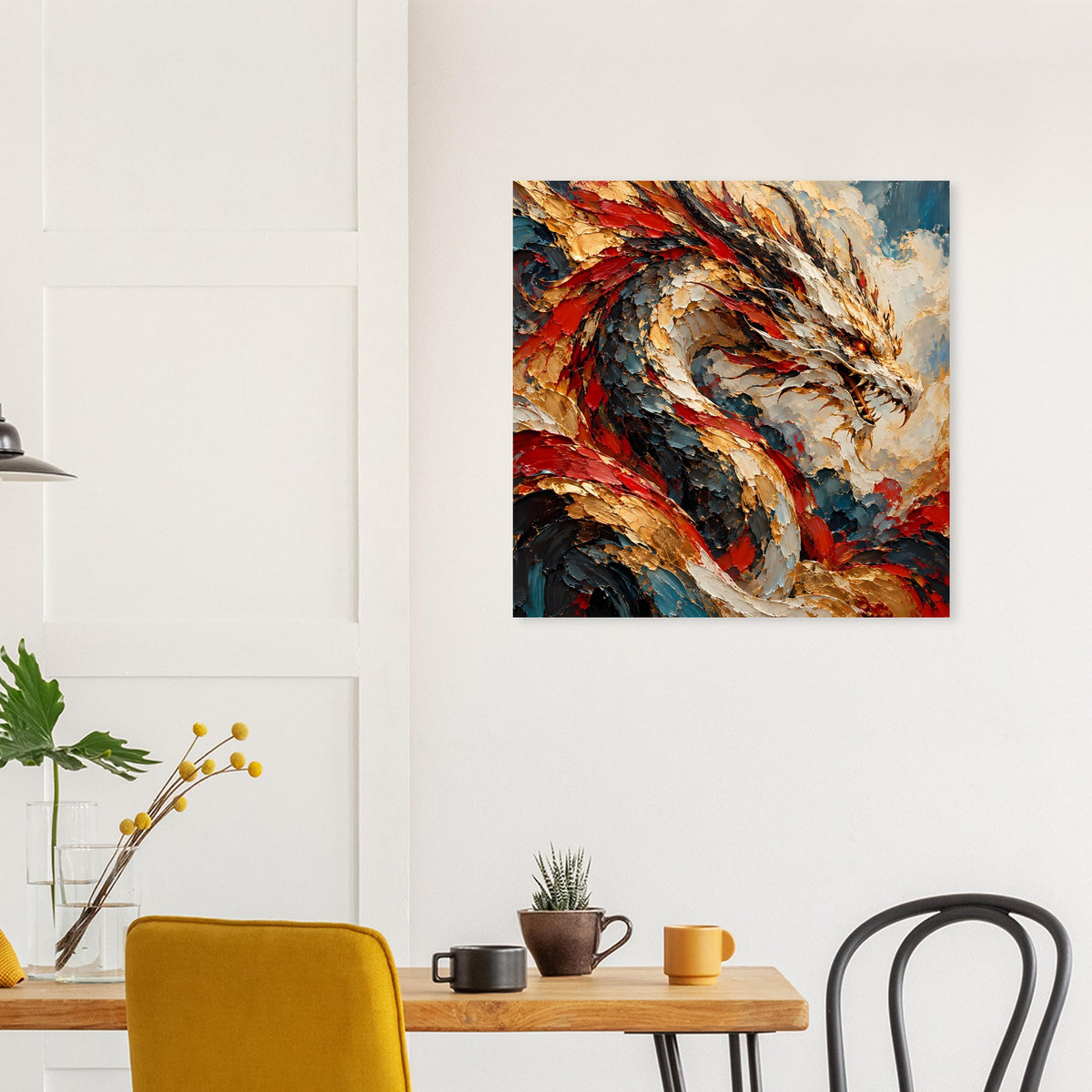 Fantasy-Poster mit Drachenkopf in Rot und Gold, kräftige Pinselstriche