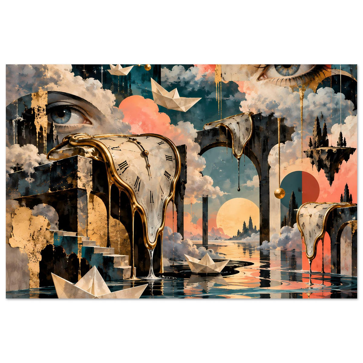 Surreales Poster mit goldener Stoppuhr, Tropfen und Augenblick über einer Wasseroberfläche