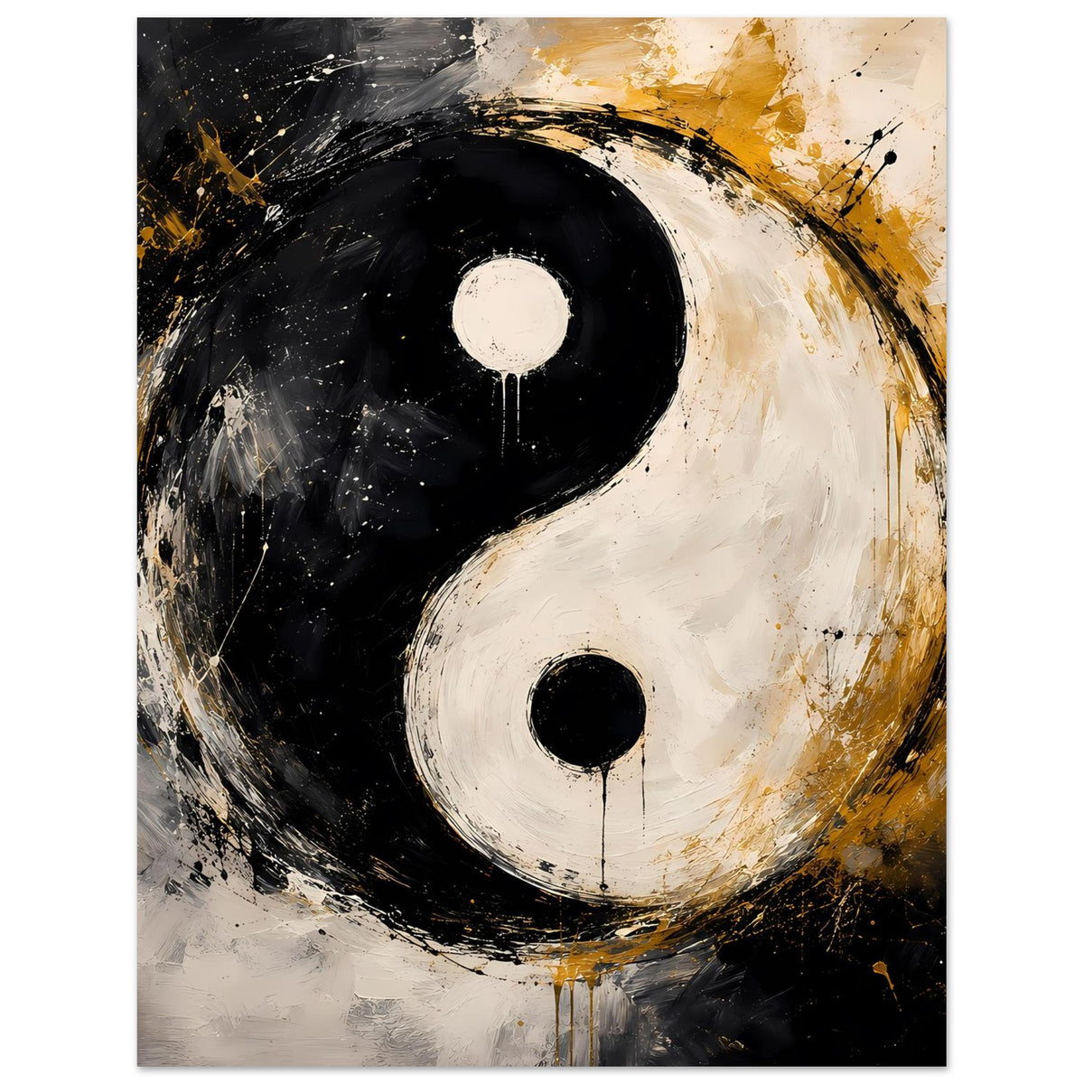 Abstraktes Yin‑Yang Poster: große schwarze und weiße Taiji-Form mit Gold-Tupfern