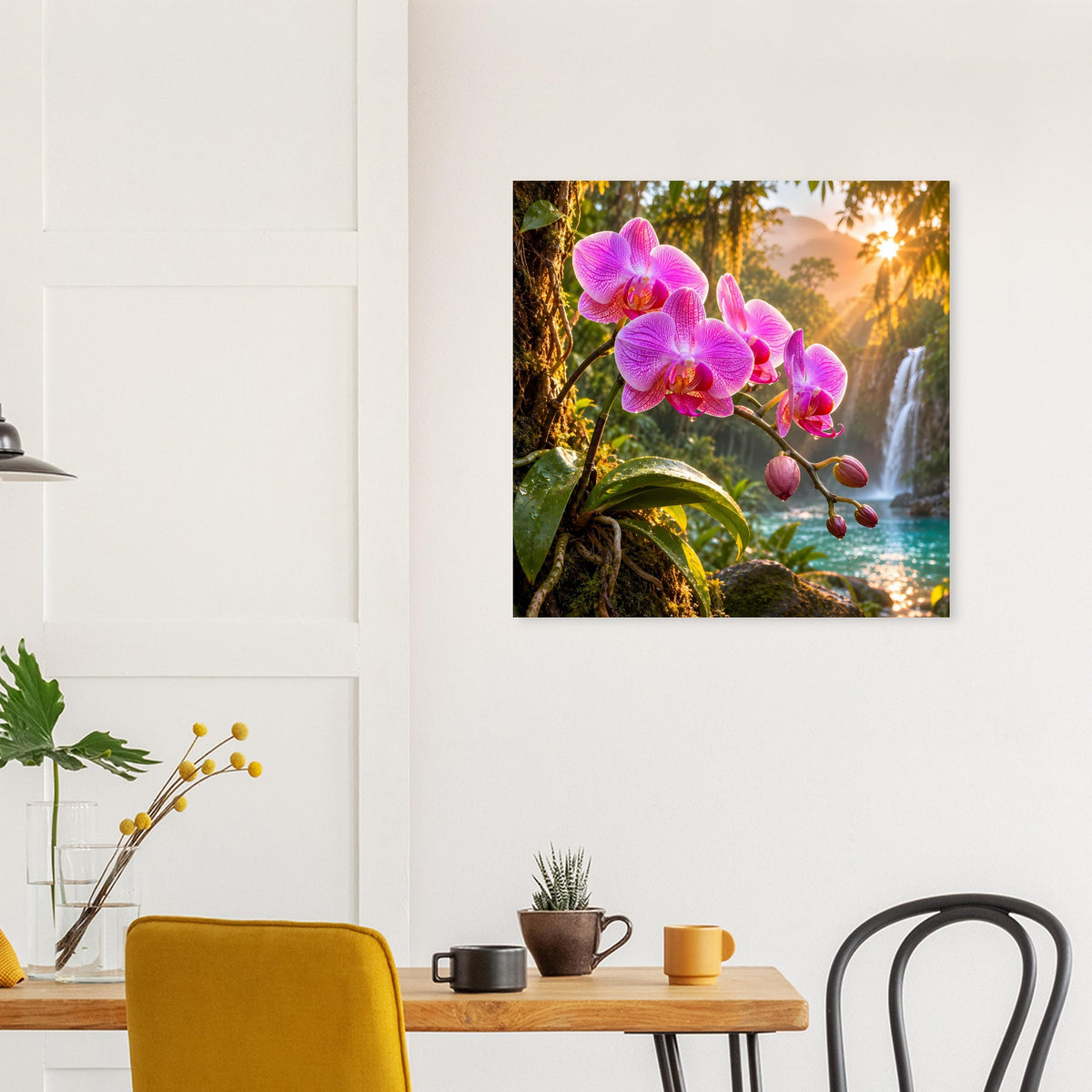 Gerahmtes Wandposter mit pinken Orchideen und tropischem Wasserblick