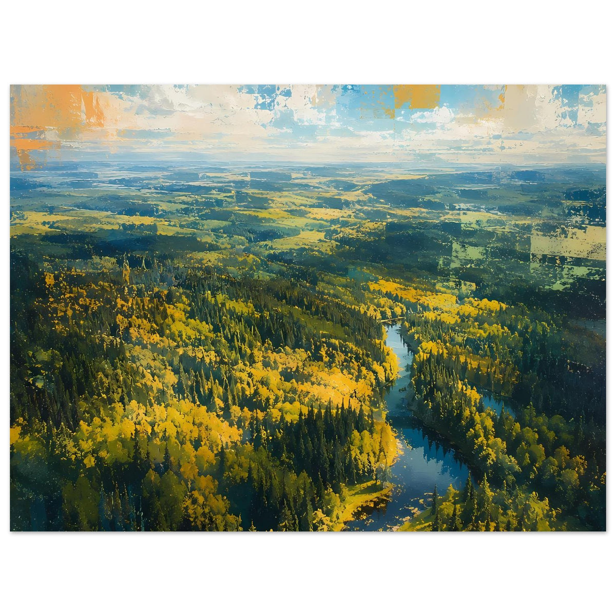 Poster im Hochformat mit Fluss durch den herbstlichen Wald, gelbe Bäume und grüne Ebenen