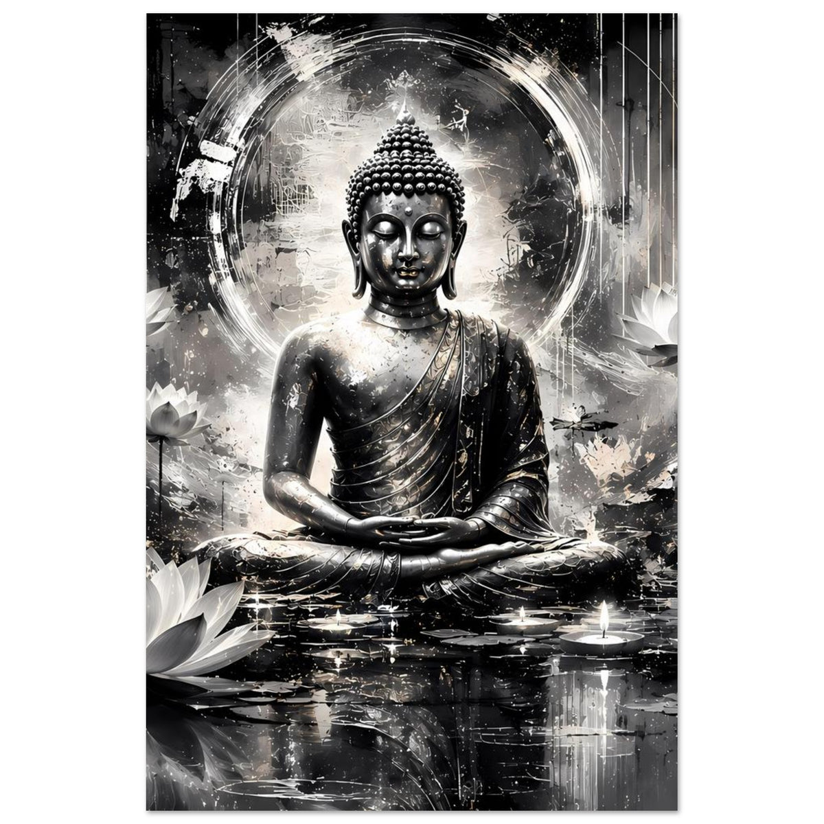 Buddha-Kunstposter im Schwarzweiß-Stil: stehende Statue im Lotussitz mit Halo-Umrahmung