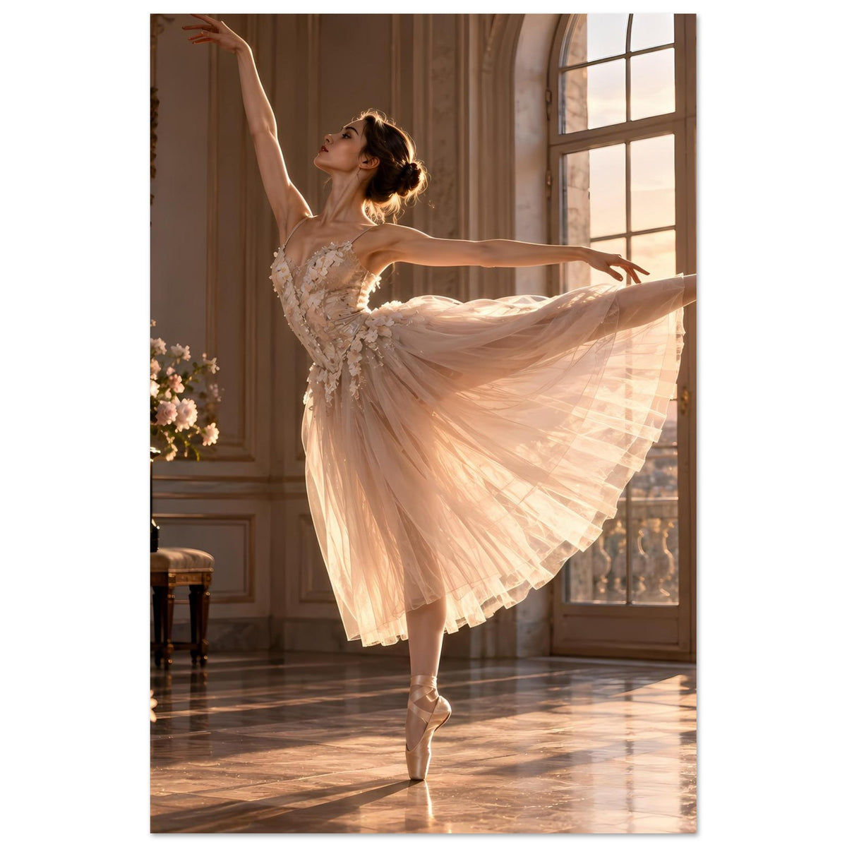 Ballett-Poster mit Ballerina im Spitzen- und Tüllkleid, ein Bein auf Zehenspitze, schwingender Rock
