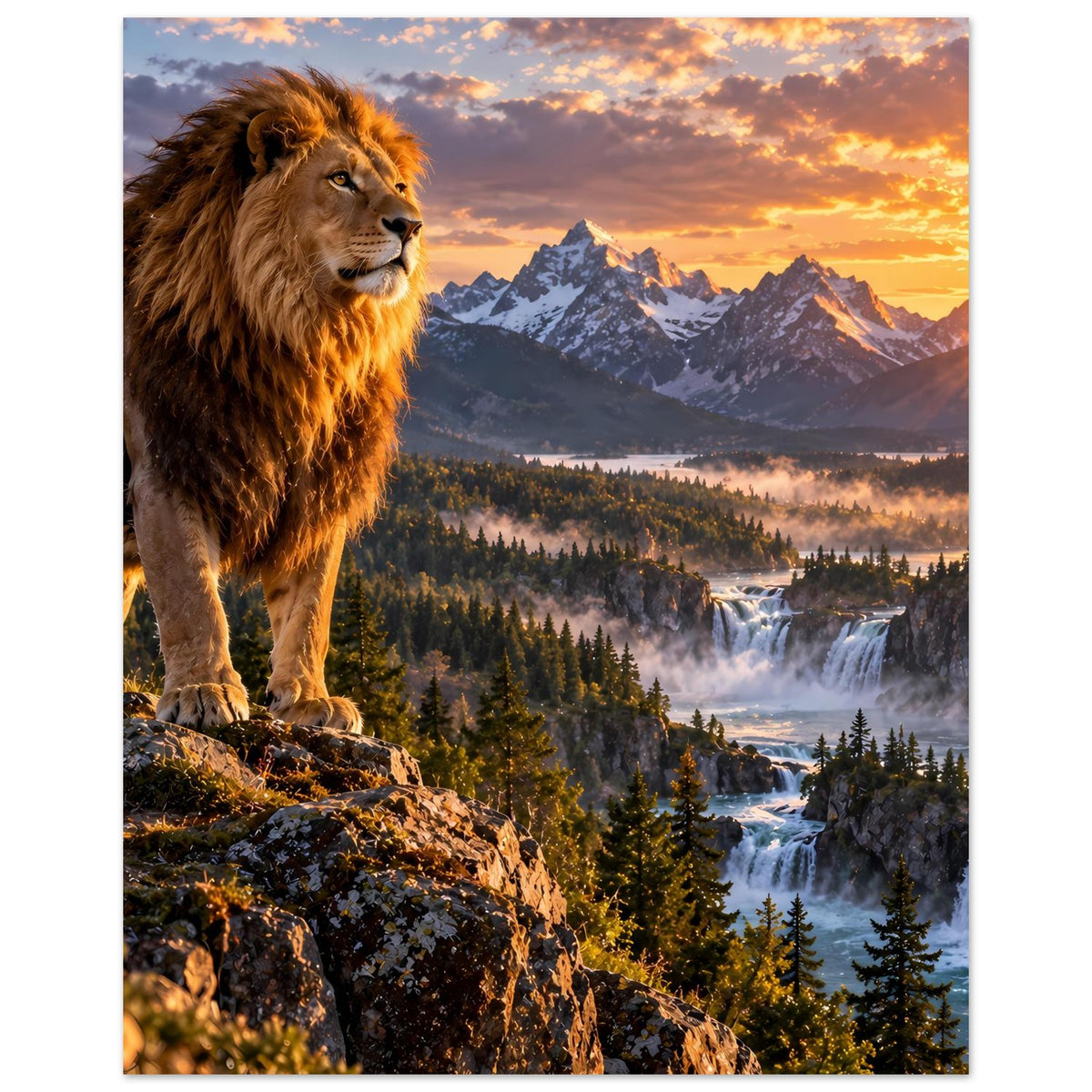 Löwenmotiv Poster im Hochformat: brüllender Löwe vor Sonnenaufgang mit Bergen und Wasserfällen