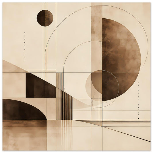Kunstdruck mit sepia geometrischem Muster: Kreise, Rechtecke und feine Linien in Braun/Beige.
