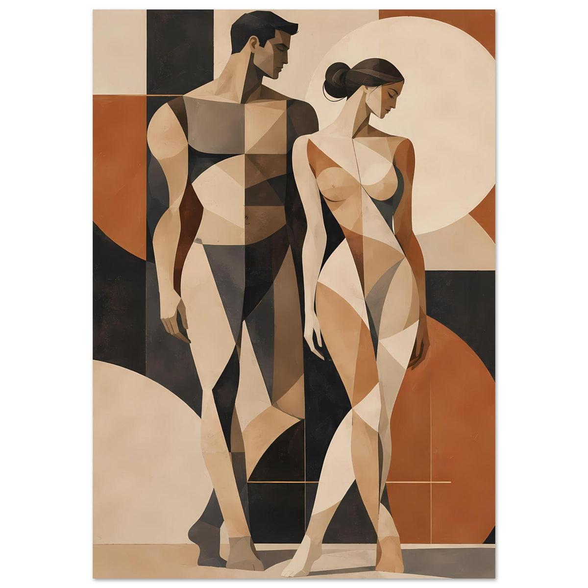 Kunstdruck mit cubistischen Aktfiguren zweier Personen, beige-braun-schwarze Farbflächen