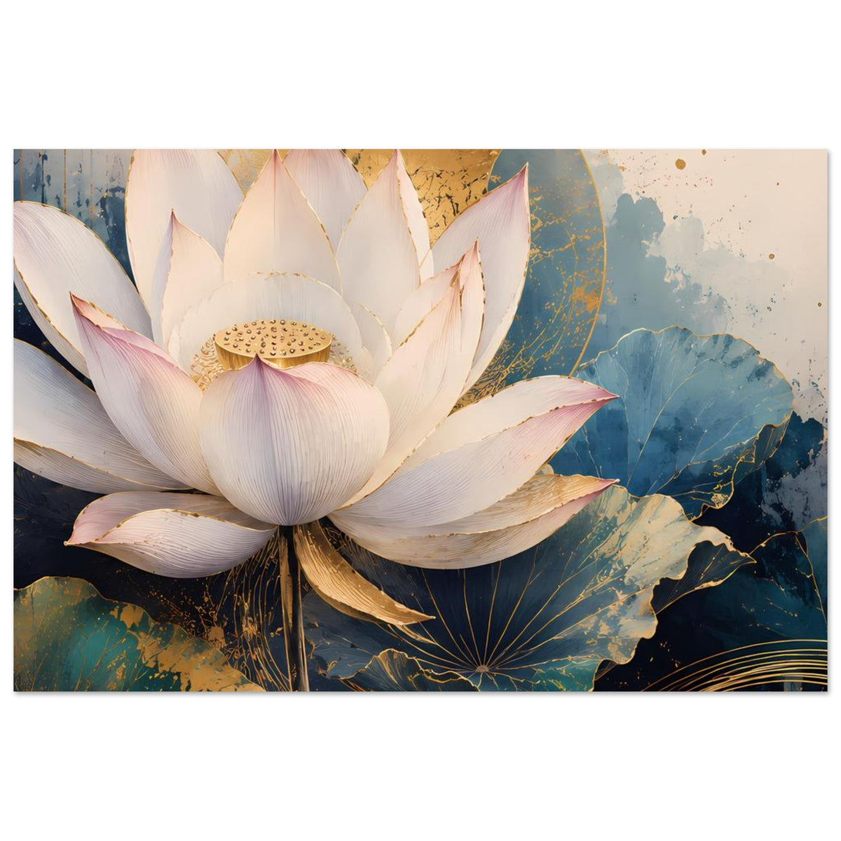 Lotusblumenposter mit zentraler weißer Lotusblüte und blauen Lotusblättern, goldene Linien