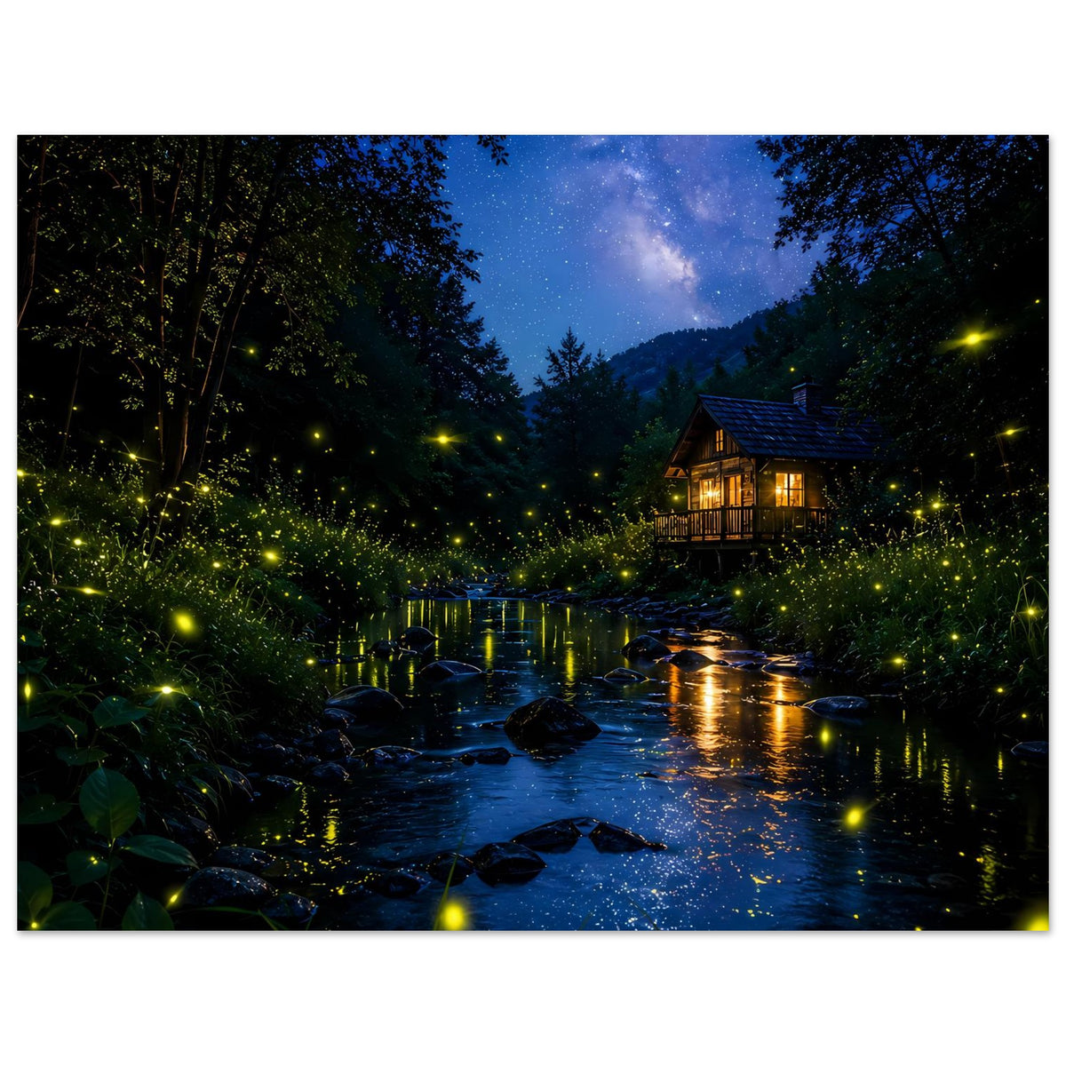 Poster mit Abendhimmel über Waldfluss, leuchtenden Glühwürmchen und beleuchteter Hütte am Ufer