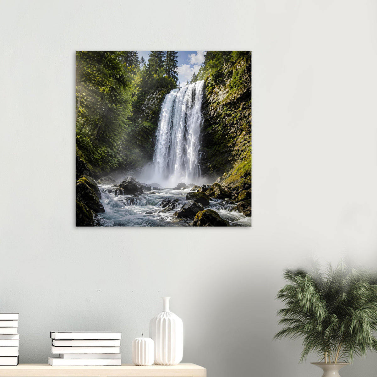 Wasserfall-Premium-Poster im quadratischen Format mit schwarzem Rahmen