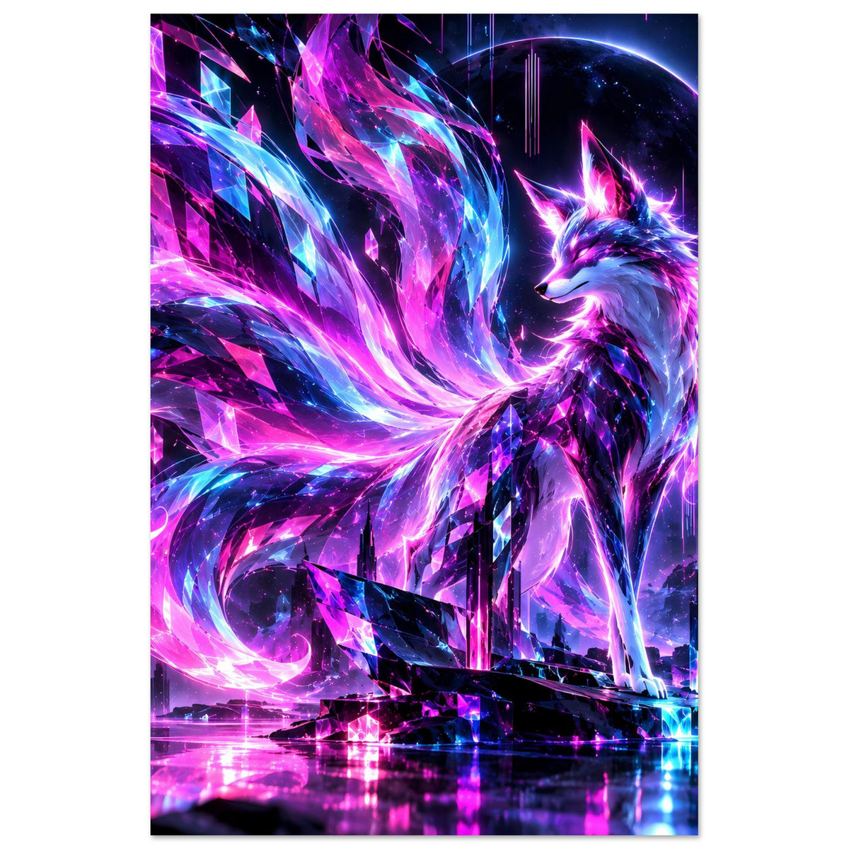 Leuchtendes Neon-Fuchs-Fantasy-Poster, vertikales Motiv: leuchtender Fuchs mit Neon-Wirbelhintergrund