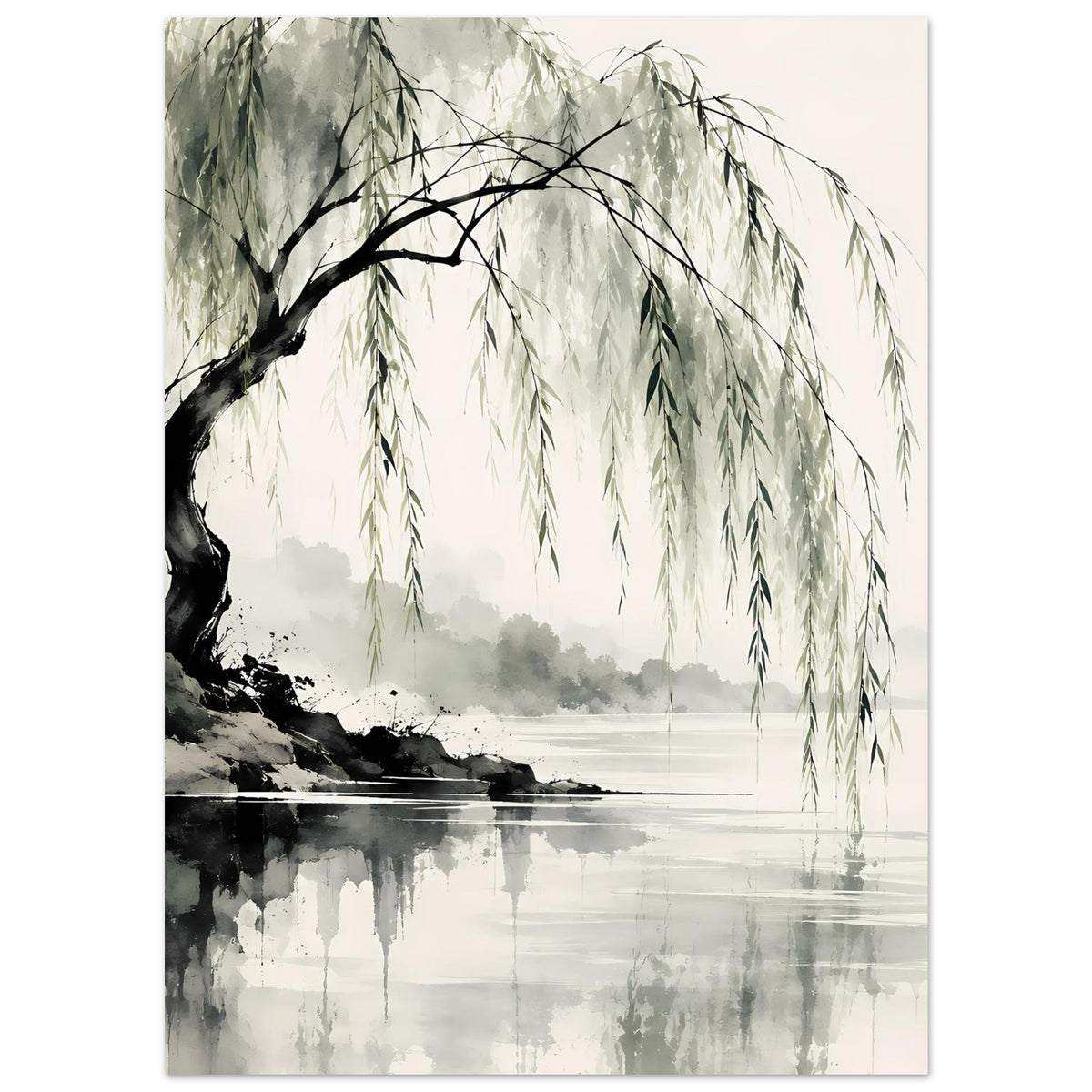 Naturposter mit Weidenbaumdetails, herabhängende Zweige und Spiegelung im grauhellen Wasser