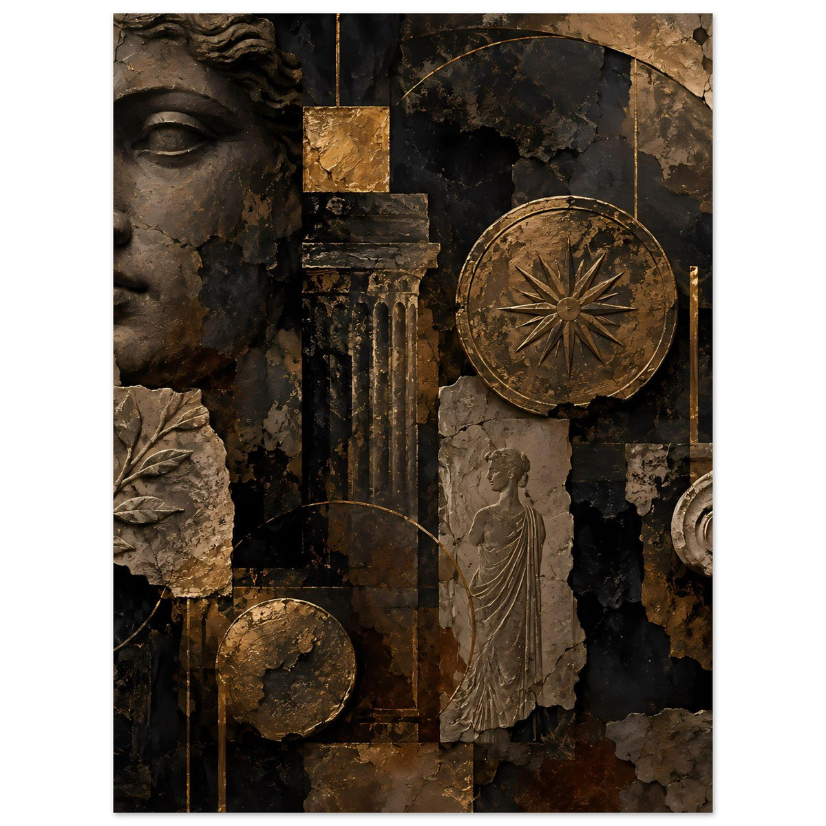Wandposter im Hochformat mit antiker Wandoptik, goldenes Rad, Figur und Blattmotiv links