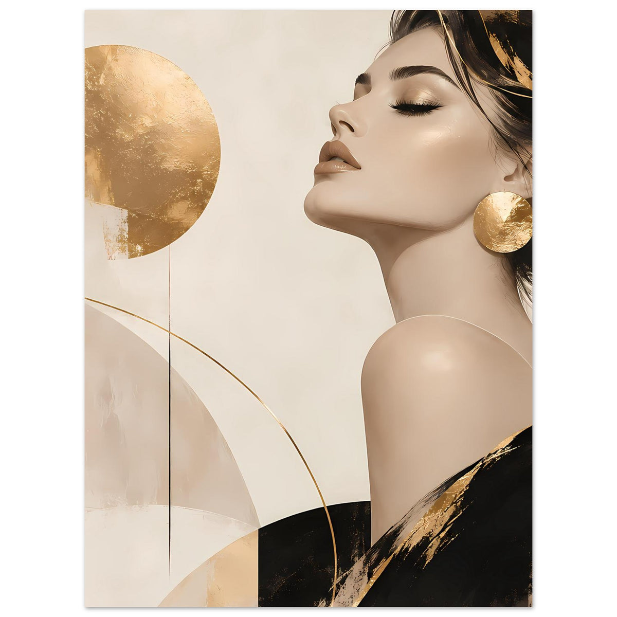 Poster, hochkant zugeschnitten: Frauengesicht, Gold-Elemente und schwarze Pinselakzente